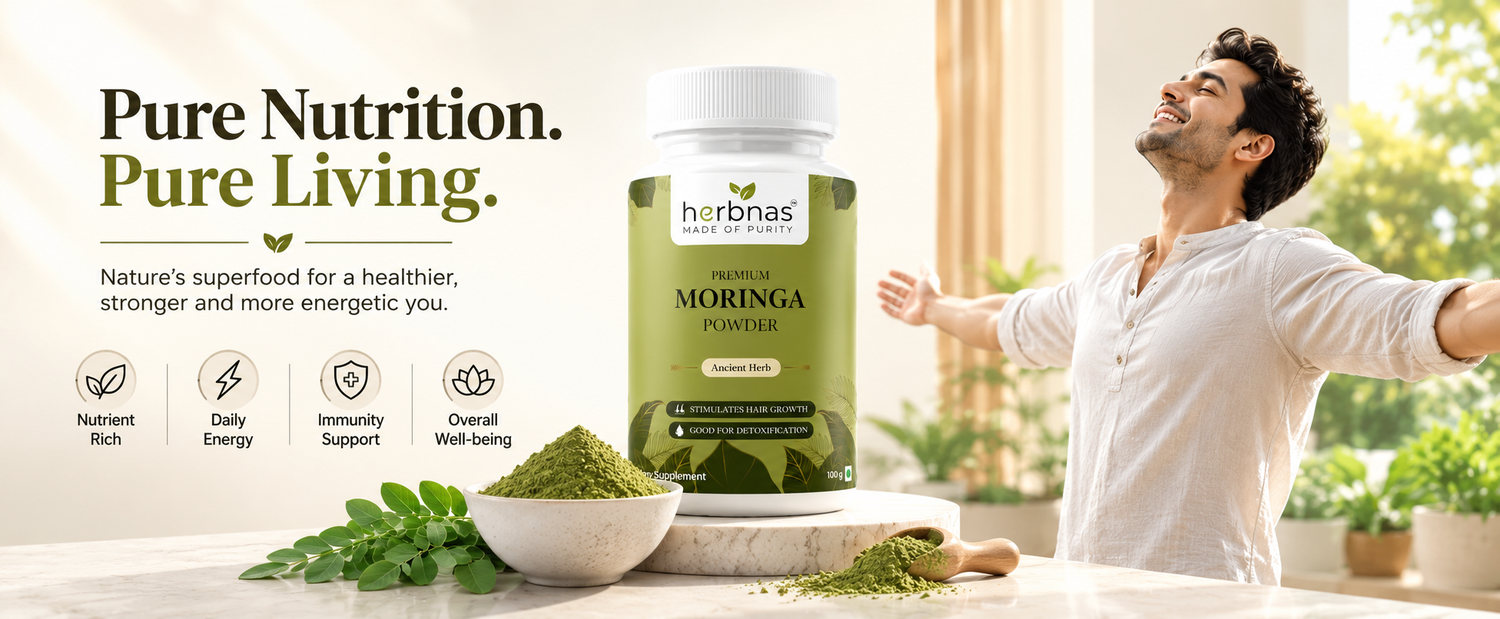 A bottle of Horbnas Moringa Powder is shown on a kitchen counter next to a bowl of green powder and fresh leaves, with a man in a white shirt stretching in a bright kitchen. The left side features promotional text and icons.