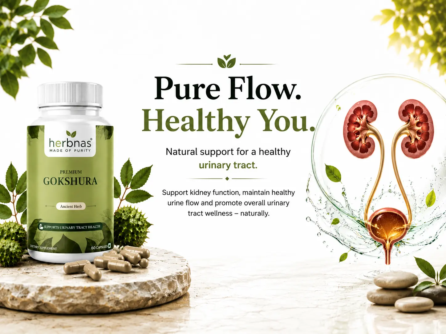 A supplement bottle labeled 'herbnas Made of Nature Gokshura' sits on a stone slab beside loose capsules and green leaves, with marketing text reading 'Pure Flow. Healthy You.