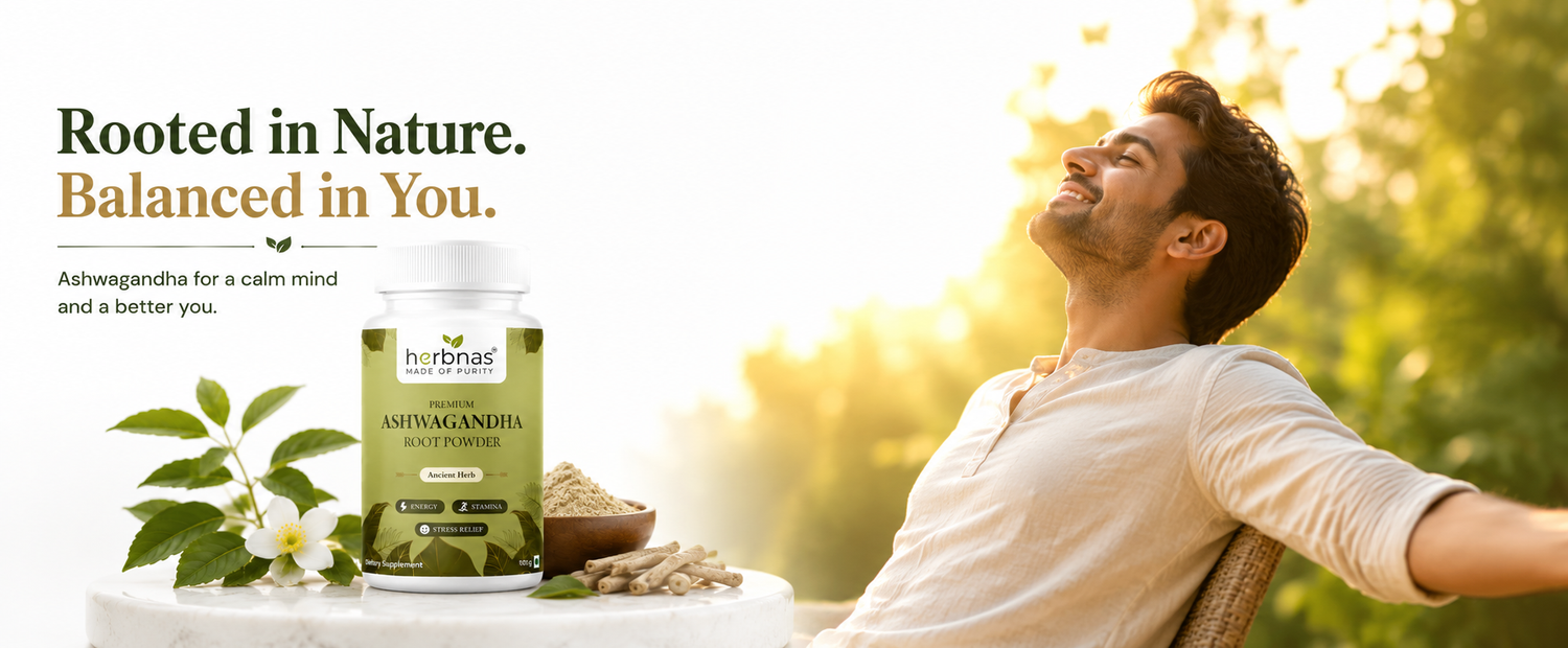 A man relaxes outdoors in warm golden sunlight while a bottle of Hurbnair Ashwagandha capsules sits on a table beside flowers and a bowl of powder. Text on the left reads, 'Rooted in Nature.