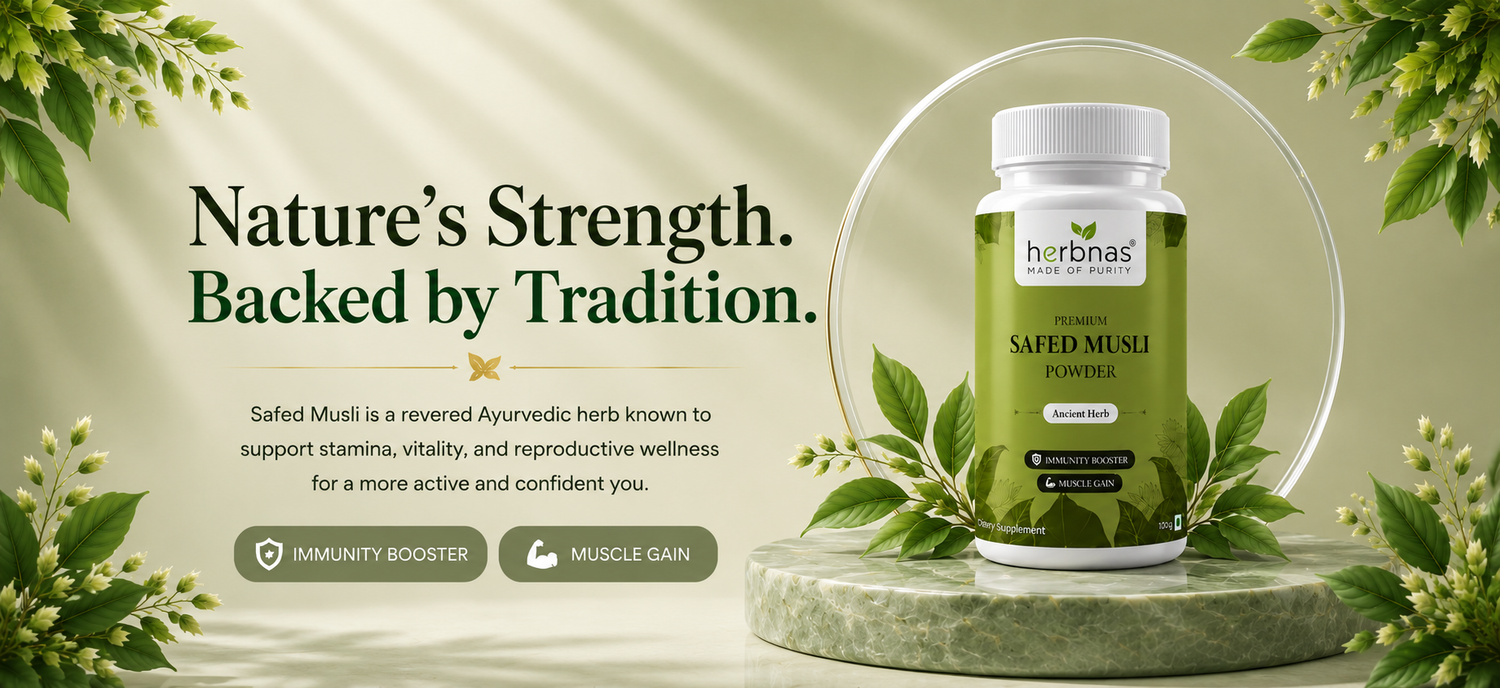 A bottle of Herbina Safed Musli Powder displayed on a stone pedestal with green leaves, set against a soft beige background with text reading 'Nature's Strength. Backed by Tradition.