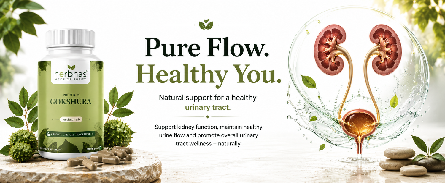 A supplement bottle labeled 'herbnas GOKSHURA' shown beside a stylized graphic of human kidneys and urine flow, with text reading 'Pure Flow. Healthy You.
