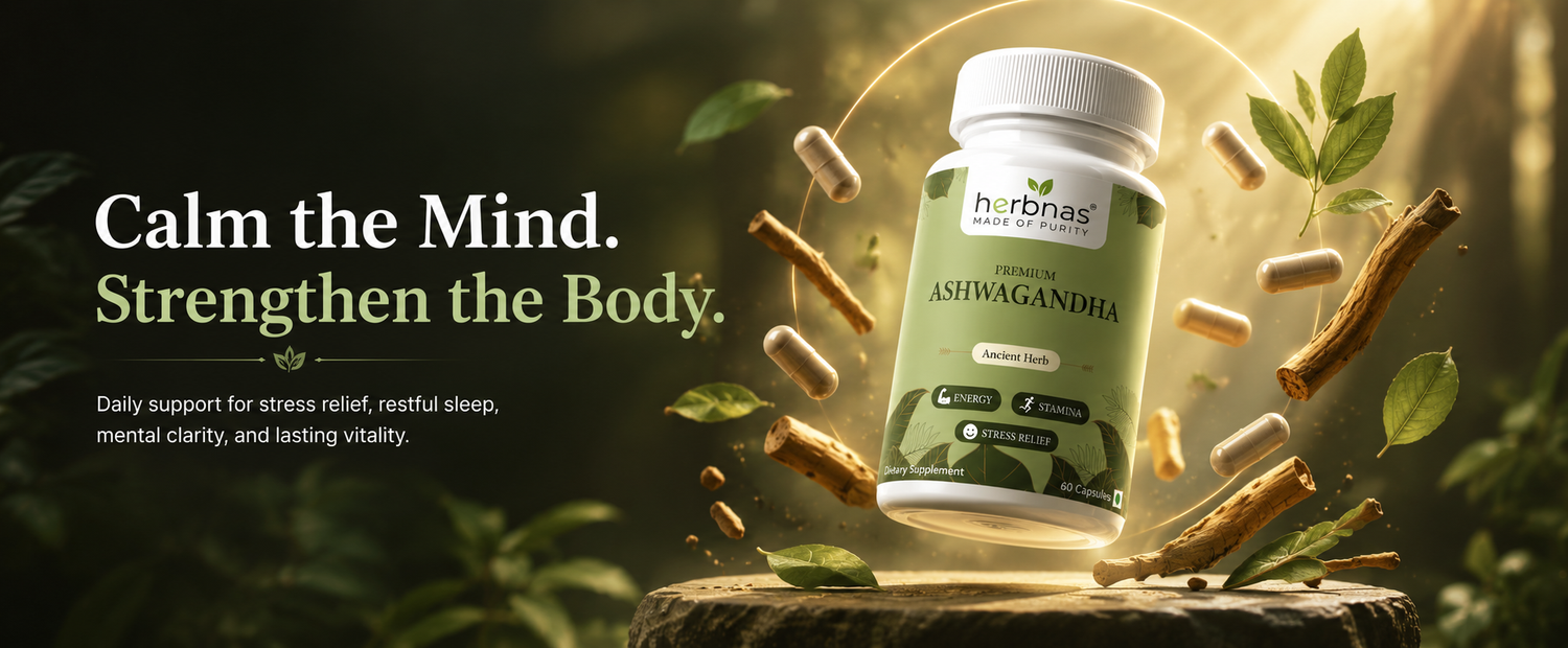 A bottle of Herbnas Ashwagandha capsules floating above a tree stump with floating capsules, leaves, and roots against a dark forest background. Text on the left reads 'Calm the Mind.