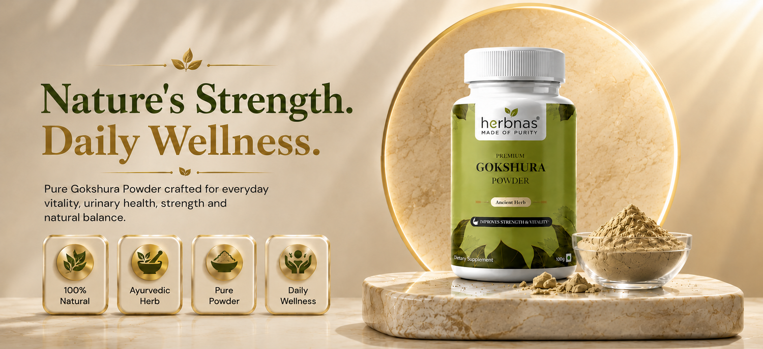 A bottle of Horbnas Gokshura powder supplement displayed on a stone slab next to a small bowl of powder, with marketing text on the left against a warm beige background.