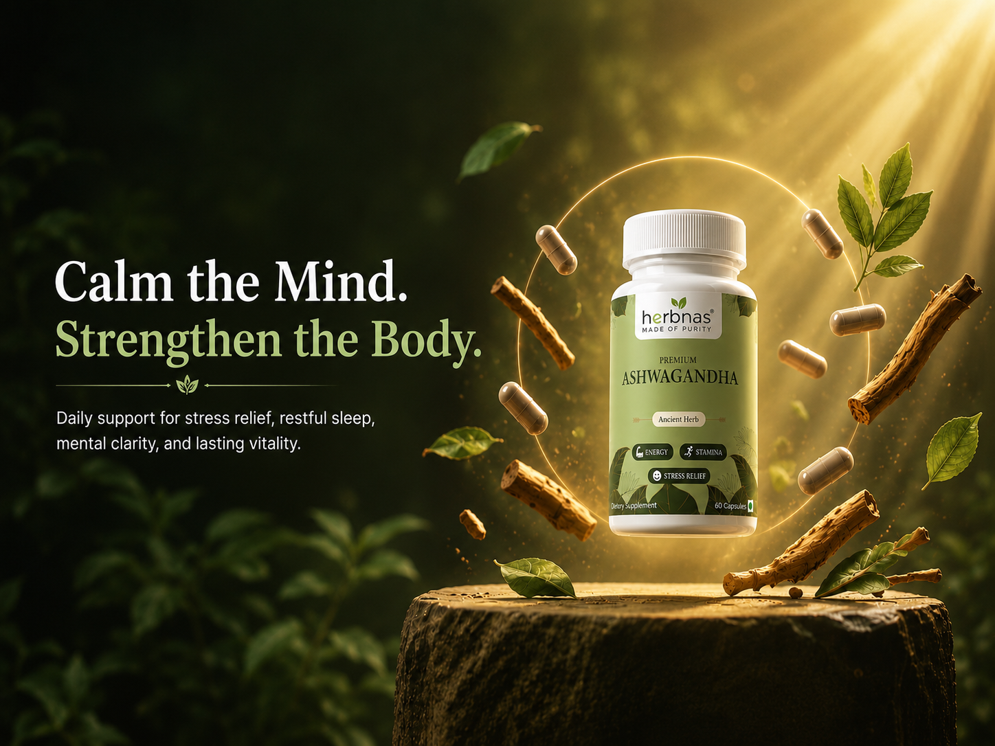 A bottle of HerbBios Ashwagandha capsules is displayed on a tree stump with floating capsules, leaves, and roots against a dark forest background with golden light rays. Text on the left reads 'Calm the Mind.