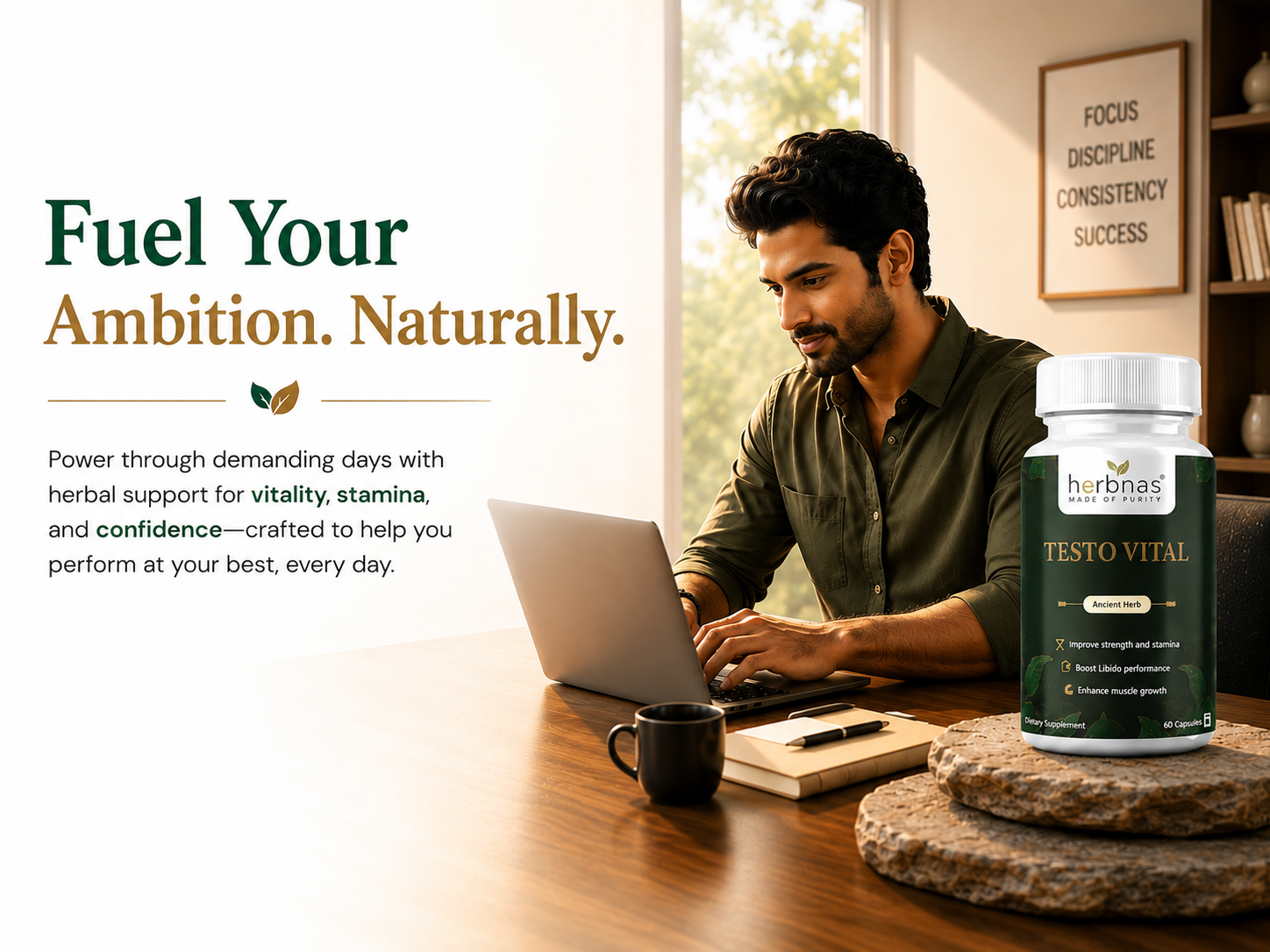 A man sits at a wooden desk using a laptop in a home office setting, with a bottle of Hurbnaes Testo Vital dietary supplements prominently displayed in the foreground on a stone coaster.