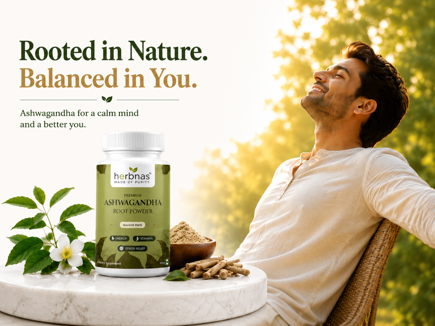 A man relaxes in a wicker chair outdoors while a bottle of Herbnas Ashwagandha Root Powder sits on a marble table beside green leaves and ginger roots. The ad includes the text 'Rooted in Nature.