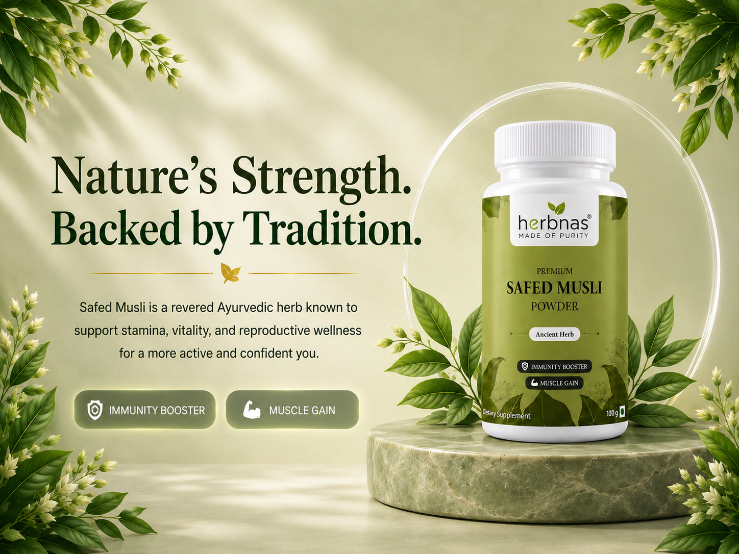 A bottle of Herbnas Safed Musli Powder is displayed on a green marble pedestal, surrounded by green leaves and white flowers against a soft beige background with text describing its benefits.