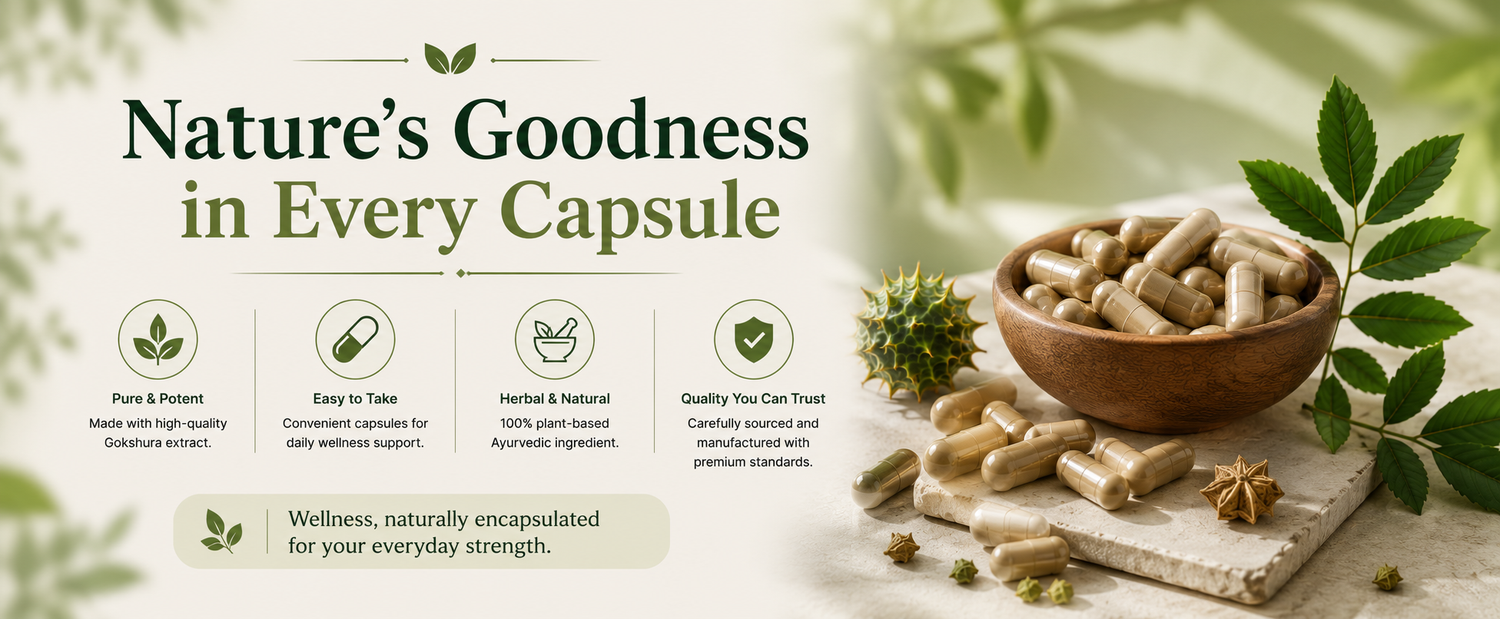 A promotional banner for herbal capsules, showing a wooden bowl filled with beige capsules, scattered capsules on a stone surface, green leaves, and text reading 'Nature's Goodness in Every Capsule' with feature icons on a soft green background.