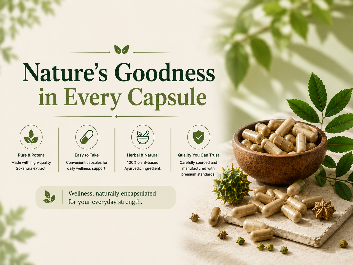 A promotional product graphic for herbal capsules. The text reads 'Nature's Goodness in Every Capsule' with five feature icons and a quote.
