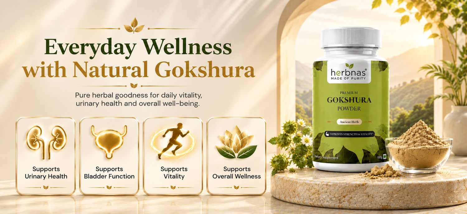 A bottle of Herbnas Natural Gokshura Powder displayed on a stone pedestal with a bowl of powder and herbs, alongside five benefit icons and the text 'Everyday Wellness with Natural Gokshura' on a warm beige background.