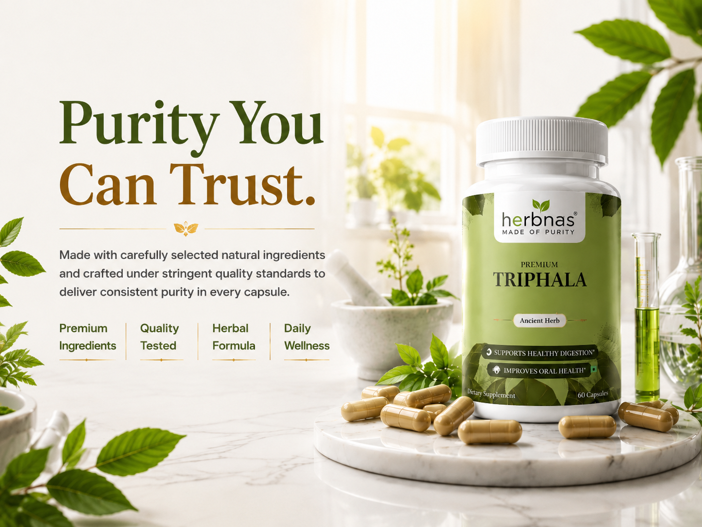 A bottle of Herbnas Nature of Health Triphala capsules displayed on a marble tray with loose capsules scattered around, set against a bright, softly blurred background with green leaves and text on the left.