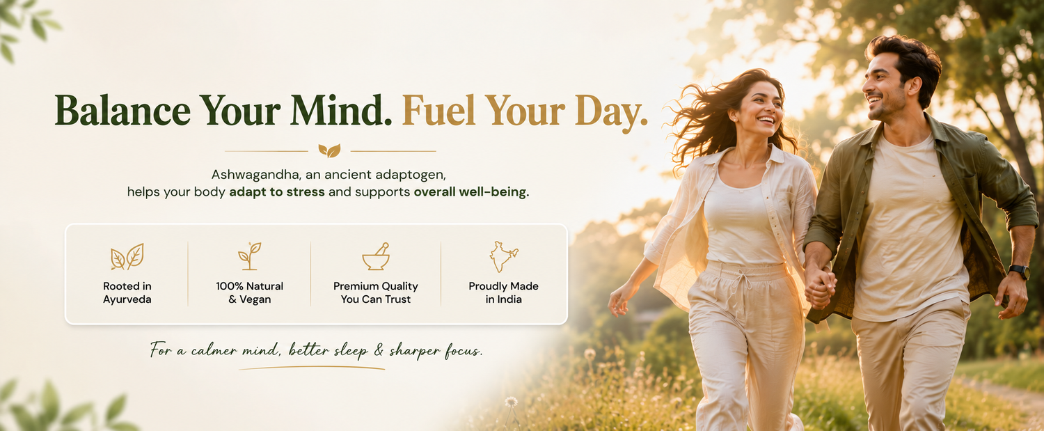 Promotional banner for Ashwagandha featuring a smiling couple walking hand-in-hand in a sunlit outdoor field. The left side contains the text 'Balance Your Mind.