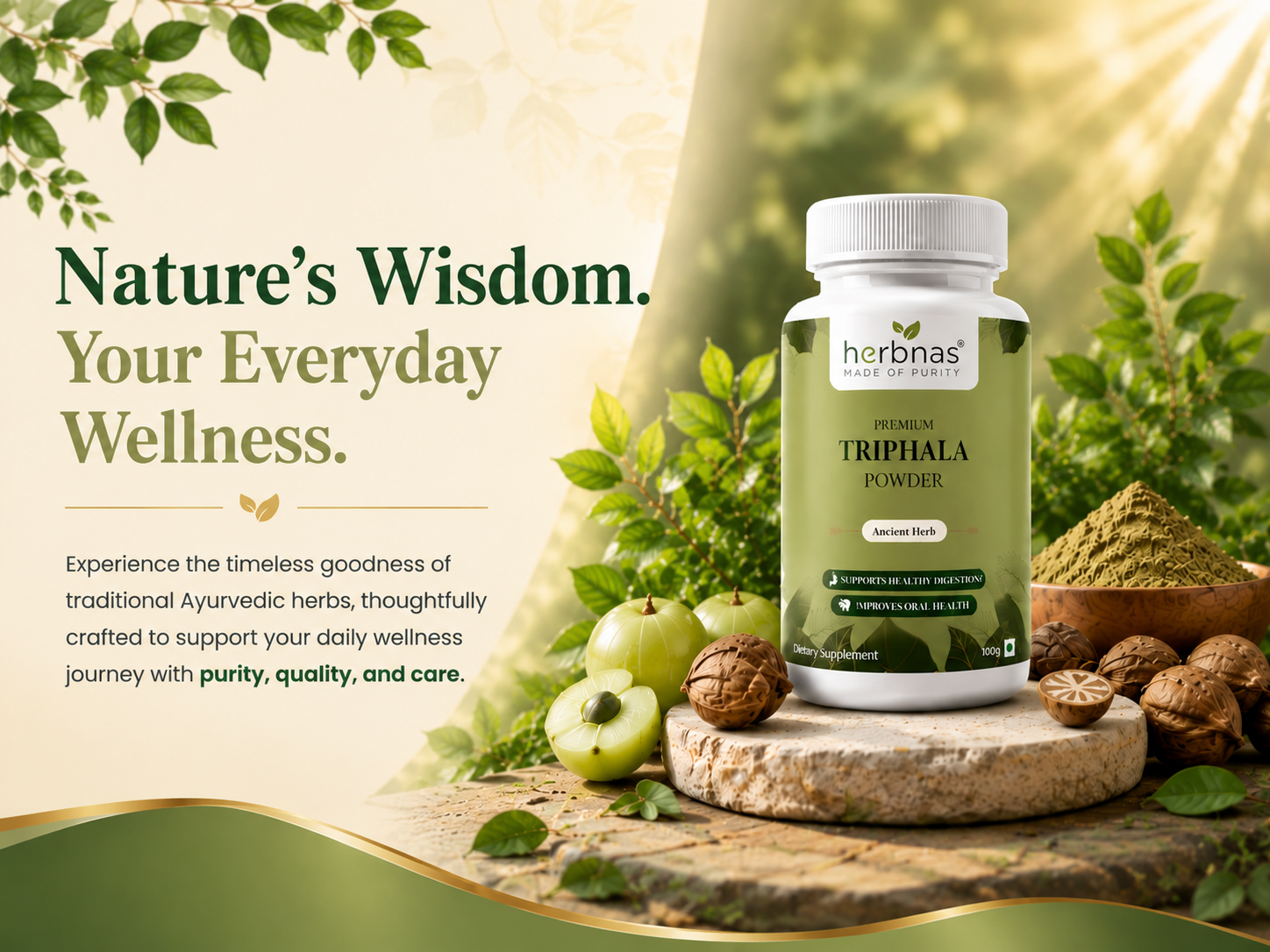 A bottle of Herbnas Premium Triphala Powder stands on a stone slab surrounded by green leaves, apples, walnuts, and a small pile of powder, with promotional text on a warm beige background.