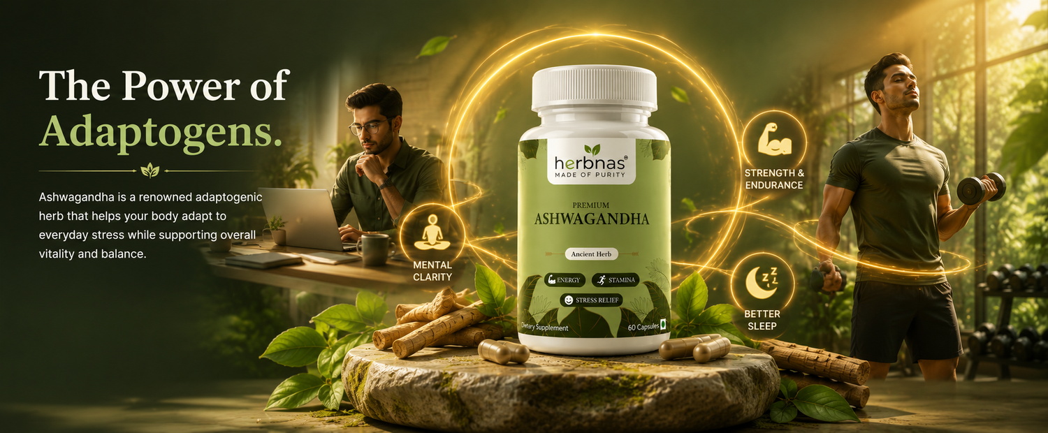 A bottle of Herbbrain Ashwagandha capsules displayed on a stone pedestal in a forest-themed promotional graphic. The scene includes two men exercising in the background, glowing circular energy effects, and text reading 'The Power of Adaptogens.