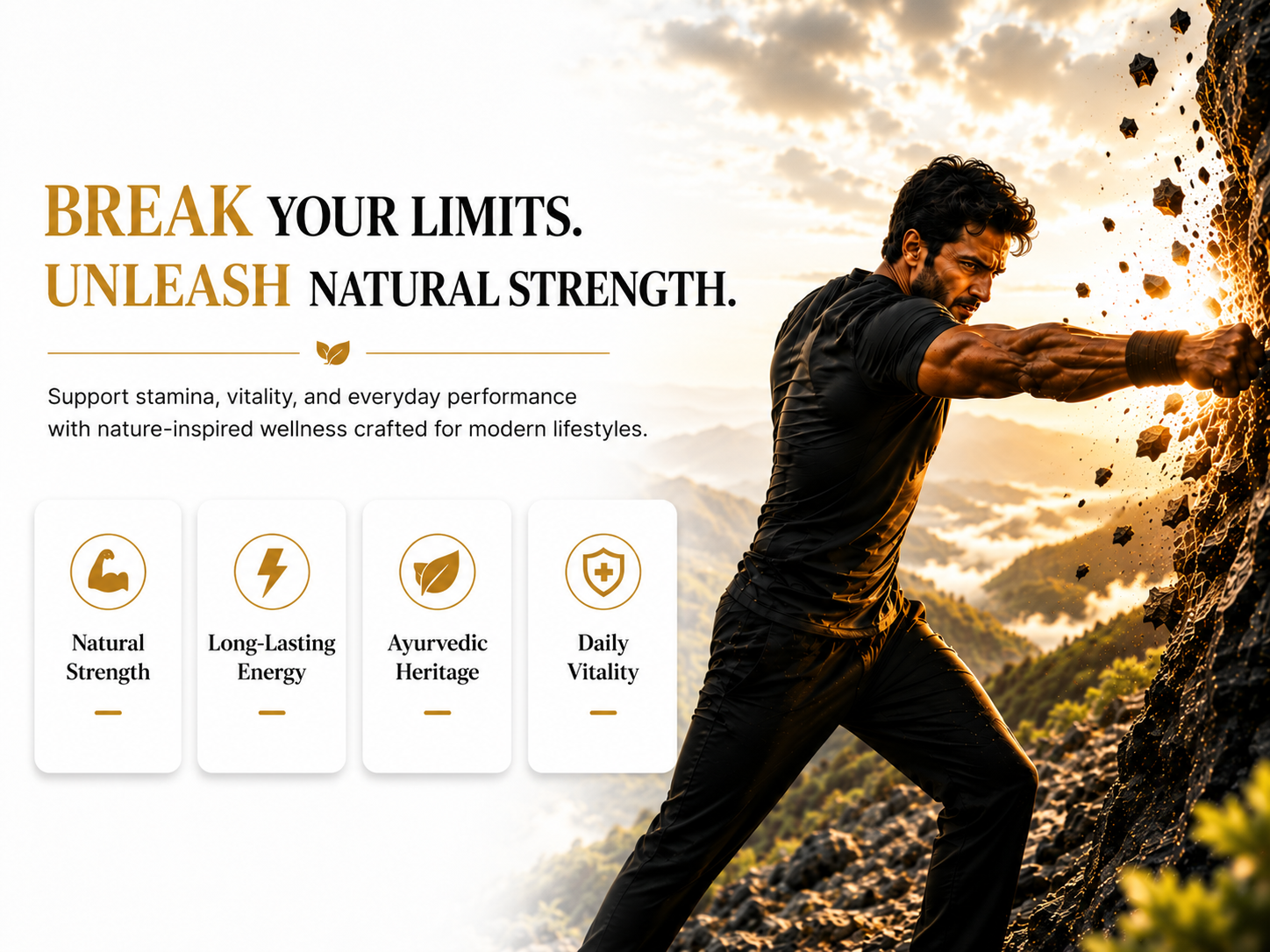 A promotional banner with the text 'BREAK YOUR LIMITS. UNLEASH NATURAL STRENGTH.