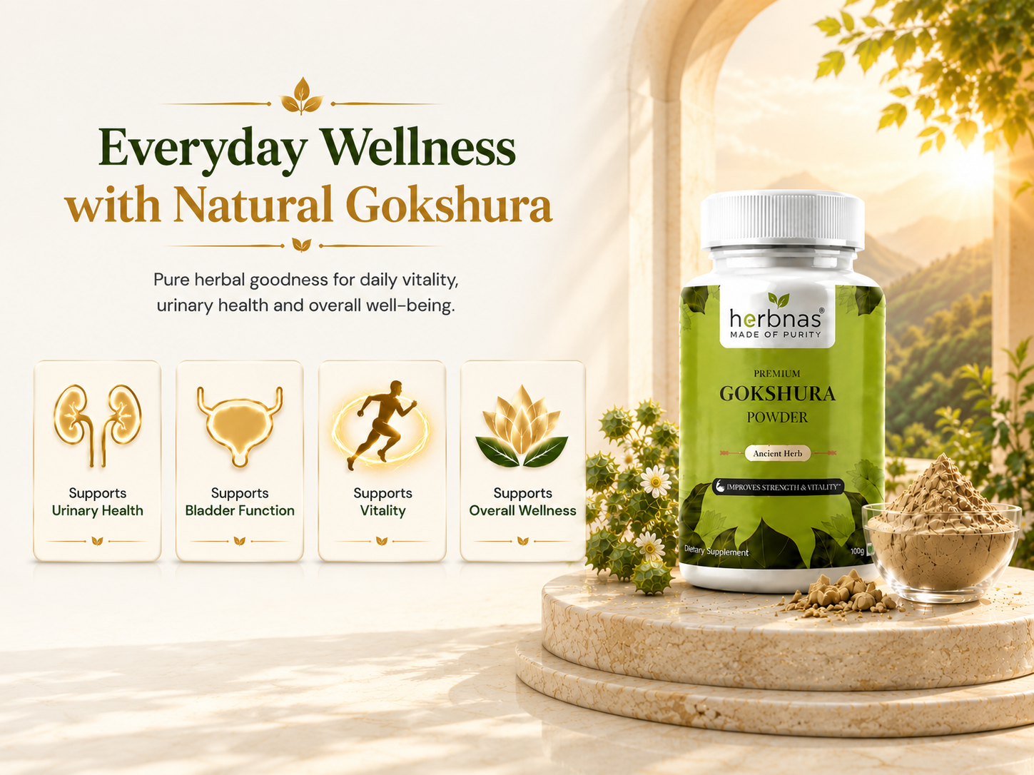 A bottle of Herbna's Natural Gokshura powder displayed on a stone pedestal with loose powder and green leaves, set against a warm, sunlit architectural background. The left side features text reading 'Everyday Wellness with Natural Gokshura' and four benefit icons for urinary health, bladder function, vitality, and overall wellness.