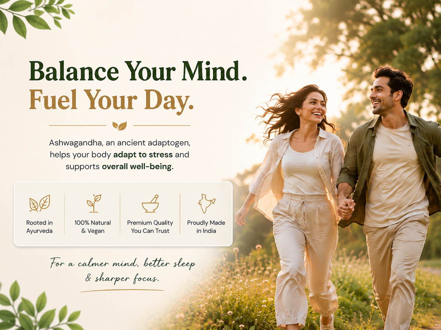Promotional graphic for Ashwagandha featuring a smiling couple running hand-in-hand through a sunlit grassy field. Large text reads 'Balance Your Mind.