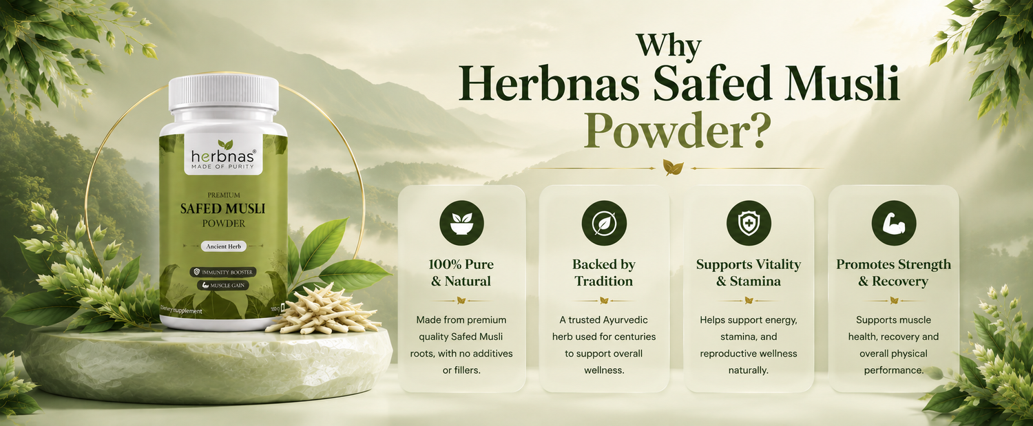 A promotional banner for Herbnas Safed Musli Powder, featuring a green supplement bottle on the left and four benefit cards on the right against a soft, misty green background with decorative leaves.