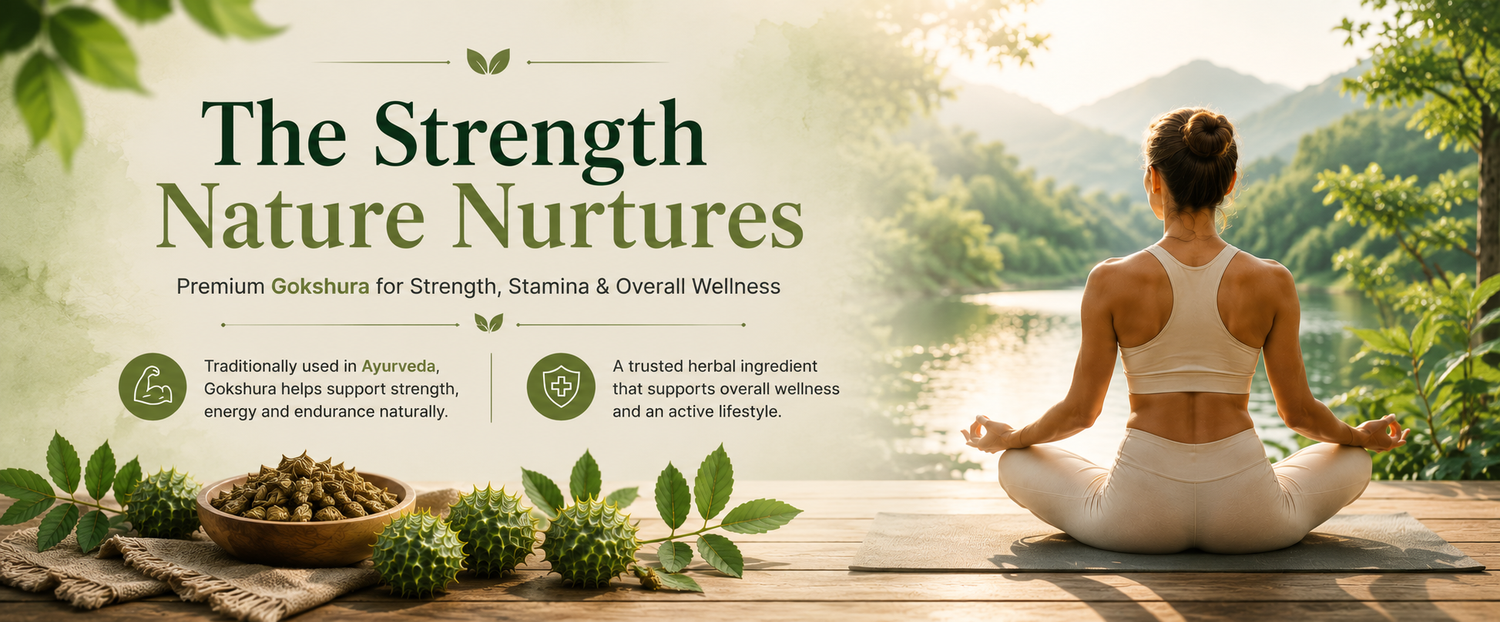 A woman in white yoga clothing sits cross-legged on a wooden deck overlooking a lush green mountain landscape, with text on the left reading 'The Strength Nature Nurures' and product details about premium gokshura for wellness.
