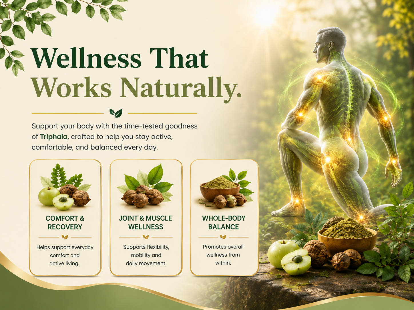 Promotional wellness graphic with the headline 'Wellness That Works Naturally.' on a light beige background, featuring a glowing anatomical human figure in a forest setting with herbs and fruits.