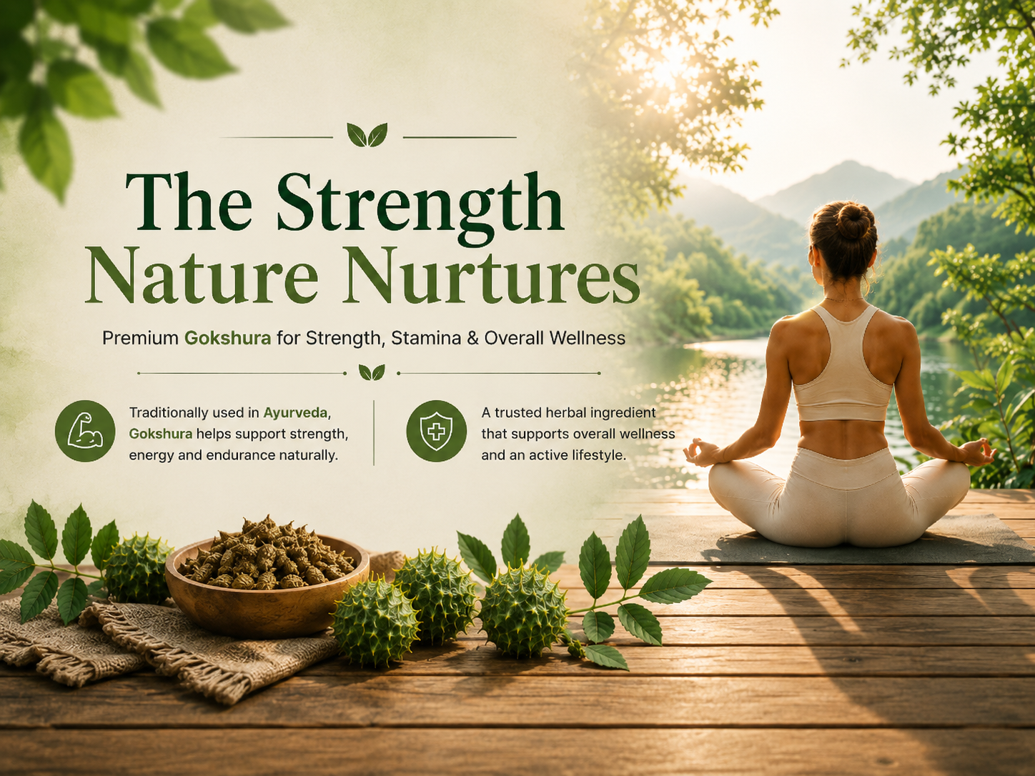 A promotional banner for 'The Strength Nature Nurures' Gokshura powder. The scene shows a woman in a white yoga outfit meditating on a wooden deck overlooking a serene lake and mountains.
