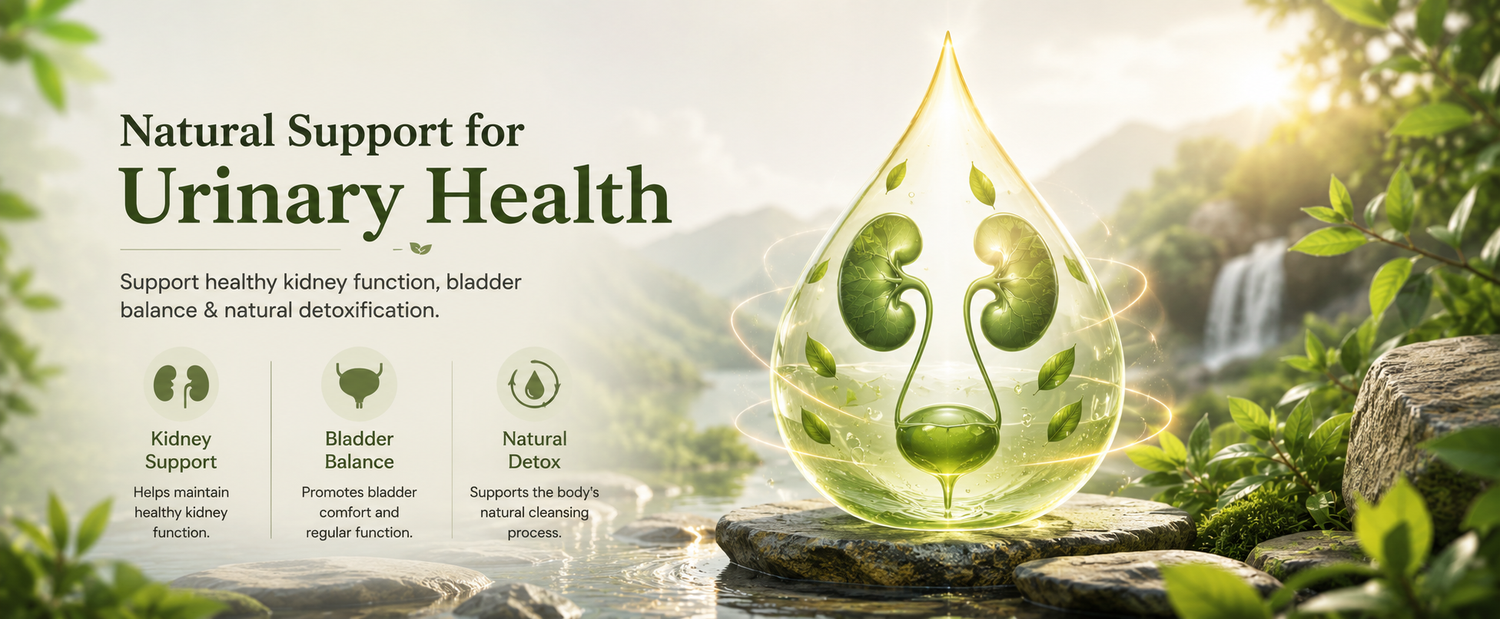 Promotional graphic for urinary health with the text 'Natural Support for Urinary Health' on the left, a large translucent teardrop-shaped droplet containing green kidney and bladder illustrations in the center-right, and small icons for kidney support, bladder balance, and natural detox on a scenic outdoor background with greenery and sunlight.