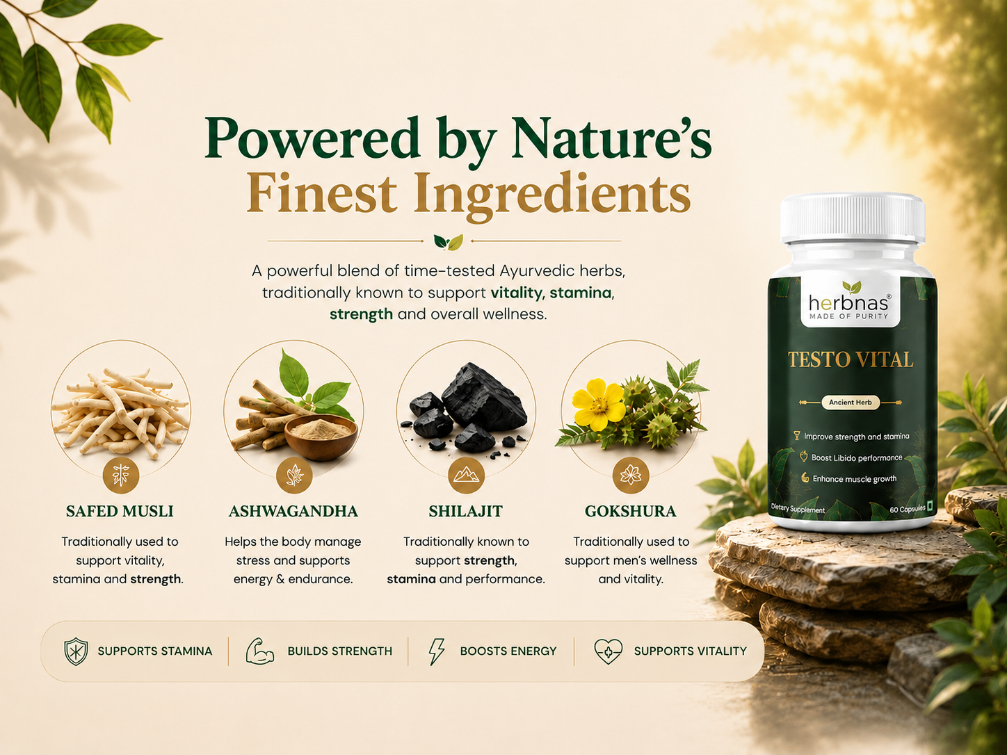 A bottle of Herbba's TestoVital Ayurvedic supplement displayed on a rustic stone pedestal, surrounded by natural elements like leaves and flowers. The background is a warm beige with text highlighting ingredients like Safed Musli, Ashwagandha, Shilajit, and Gokshura.