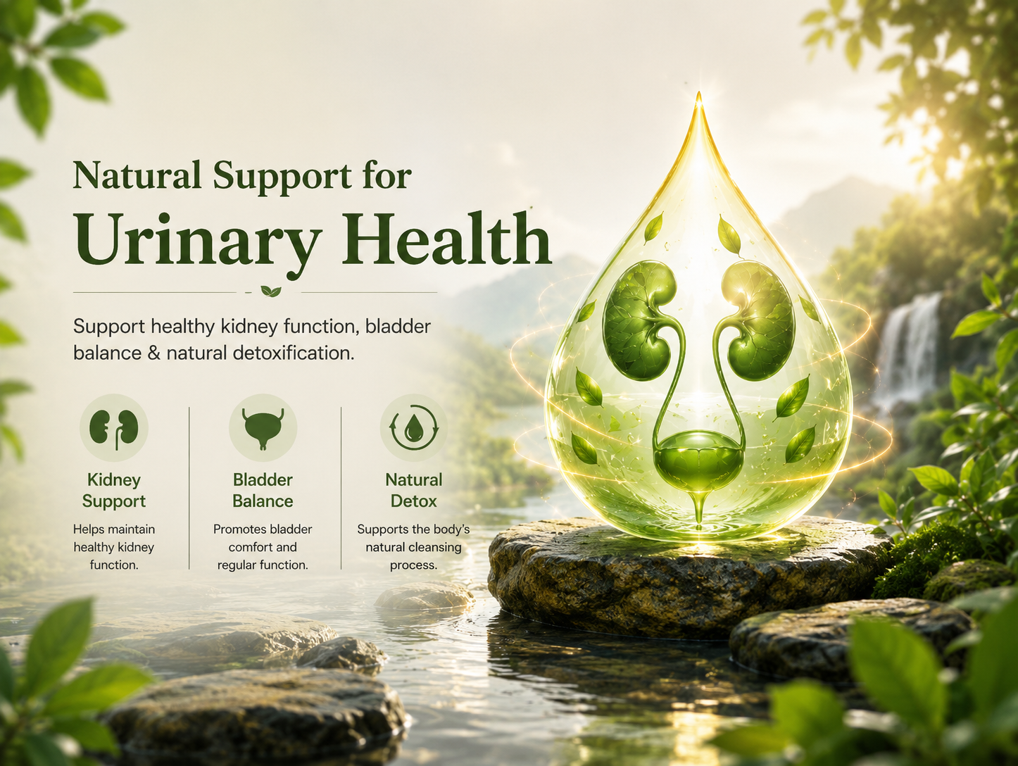 Promotional graphic for urinary health with the text 'Natural Support for Urinary Health' over a scenic outdoor background of a stream, rocks, and greenery. A large translucent teardrop-shaped crystal containing green kidney illustrations stands on a stone, with three smaller icon callouts for kidney support, bladder balance, and natural detox.