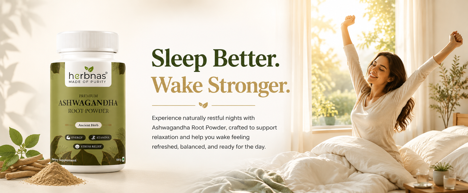 A bottle of Herbnas Ashwagandha Root Powder supplement is shown next to a woman waking up in bed with her arms raised, under the text 'Sleep Better. Wake Stronger.
