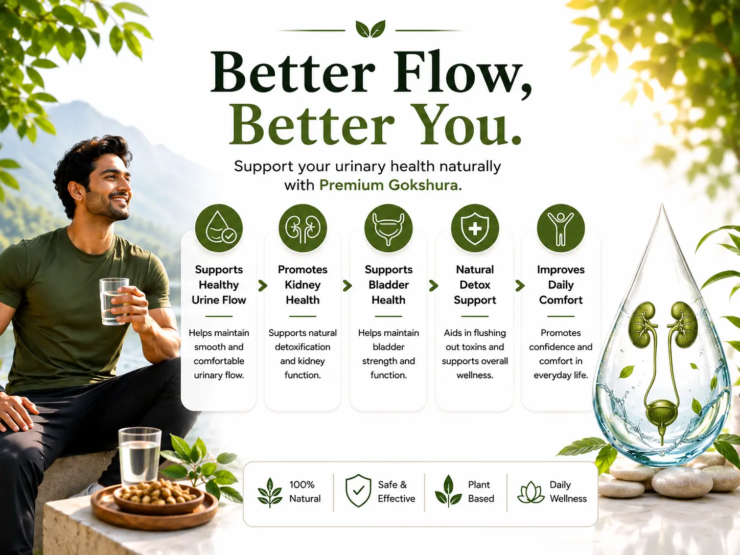 Promotional banner for Premium Gokshura with the headline 'Better Flow, Better You.' A man in a green shirt sits on the left holding a glass of liquid, while a large droplet graphic on the right shows green botanical elements inside a clear water drop.