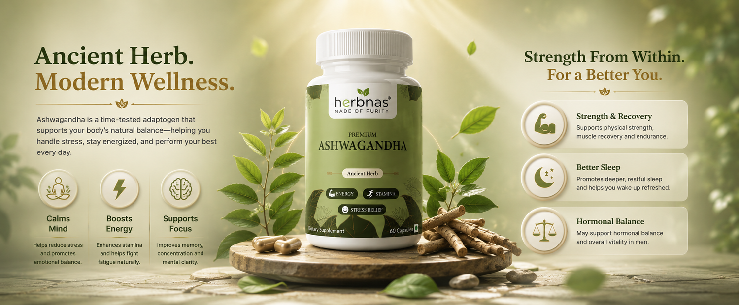 A bottle of Ashwagandha herbal supplement by herbnas, styled on a wooden surface with fresh green leaves and roots against a warm, sunlit background. The image includes informational text and icons about the benefits of Ashwagandha.