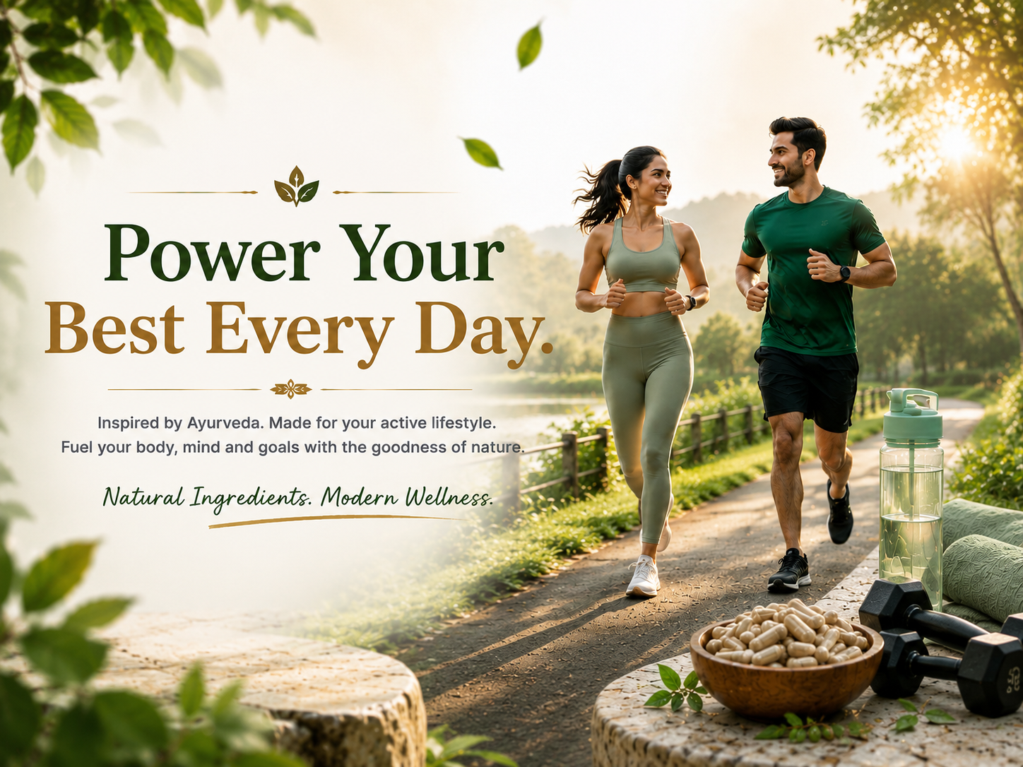A lifestyle advertisement featuring a man and a woman jogging on a sunlit path, with text reading 'Power Your Best Every Day' and product props including a water bottle, peanuts, and dumbbells in the foreground.