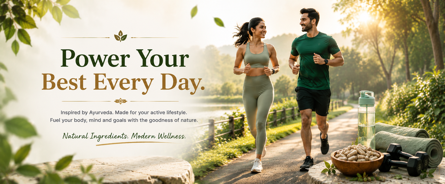A lifestyle banner featuring a man and a woman jogging on a sunlit path in a park, with the text 'Power Your Best Every Day.' on the left and a water bottle, bowl, and dumbbells on the right.