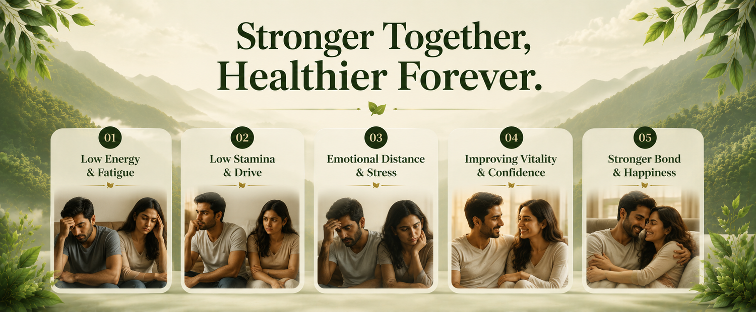 A promotional banner with the headline 'Stronger Together, Healthier Forever.' above five rounded panels showing couples or groups with text like 'Low Energy & Fatigue,' 'Low Stamina & Drive,' 'Emotional Distance & Stress,' 'Improving Vitality & Confidence,' and 'Stronger Bond & Happiness.