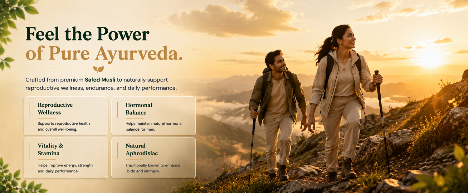 A promotional banner with the text 'Feel the Power of Pure Ayurveda.' over a sunset landscape photo showing two people hiking on a mountain trail.