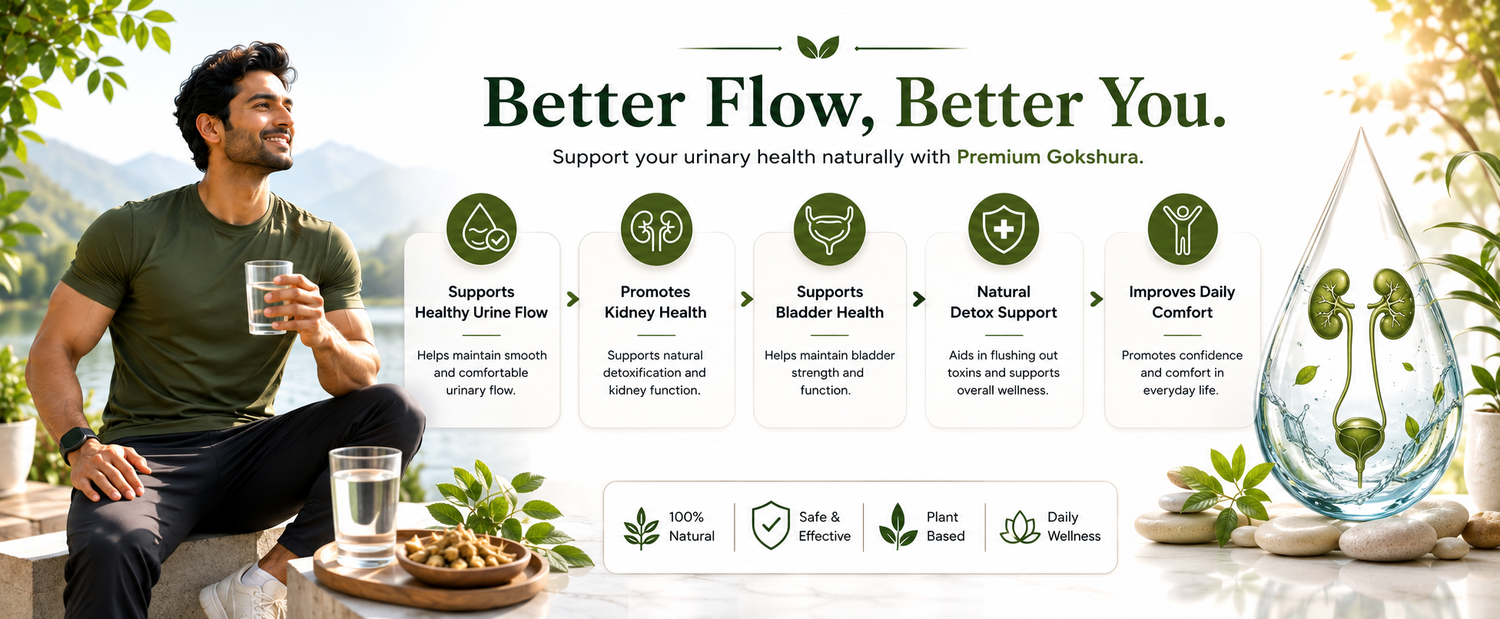 Promotional banner for Gokshura urinary health support, featuring a man sitting at a table with a glass of water and herbs, alongside product icons, a large water droplet graphic, and the headline 'Better Flow, Better You.'.