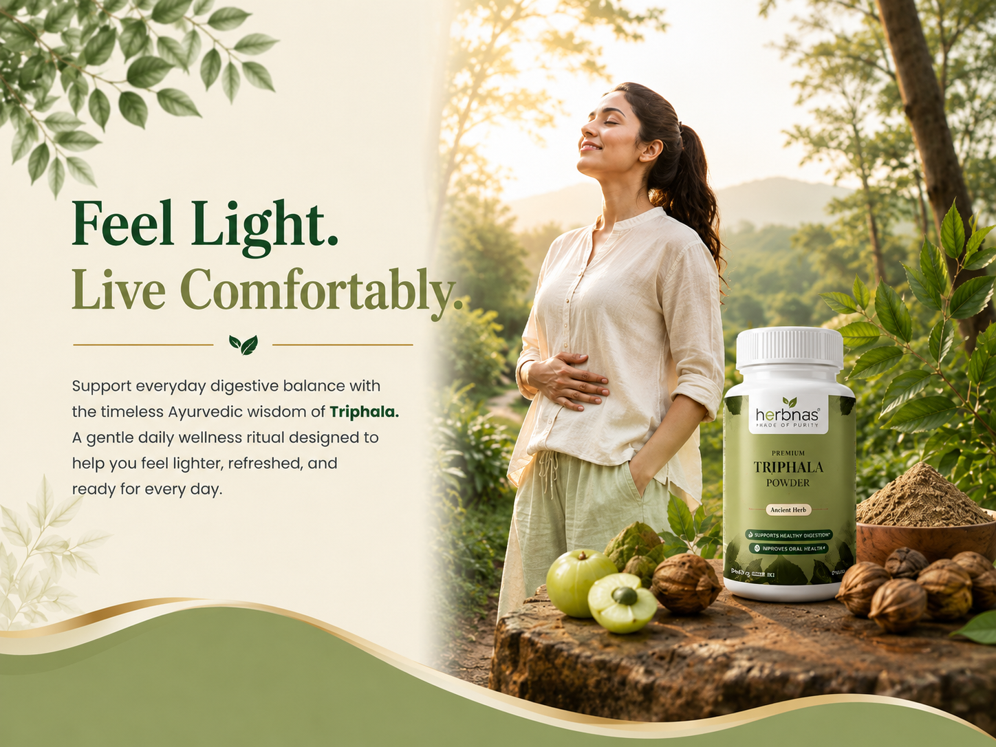 A woman stands outdoors in a sunlit forest clearing holding her stomach, with a bottle of Herbnas Triphala Polyphallic supplement placed on a log beside green apples, walnuts, and herbs. Text on the left reads, 'Feel Light.