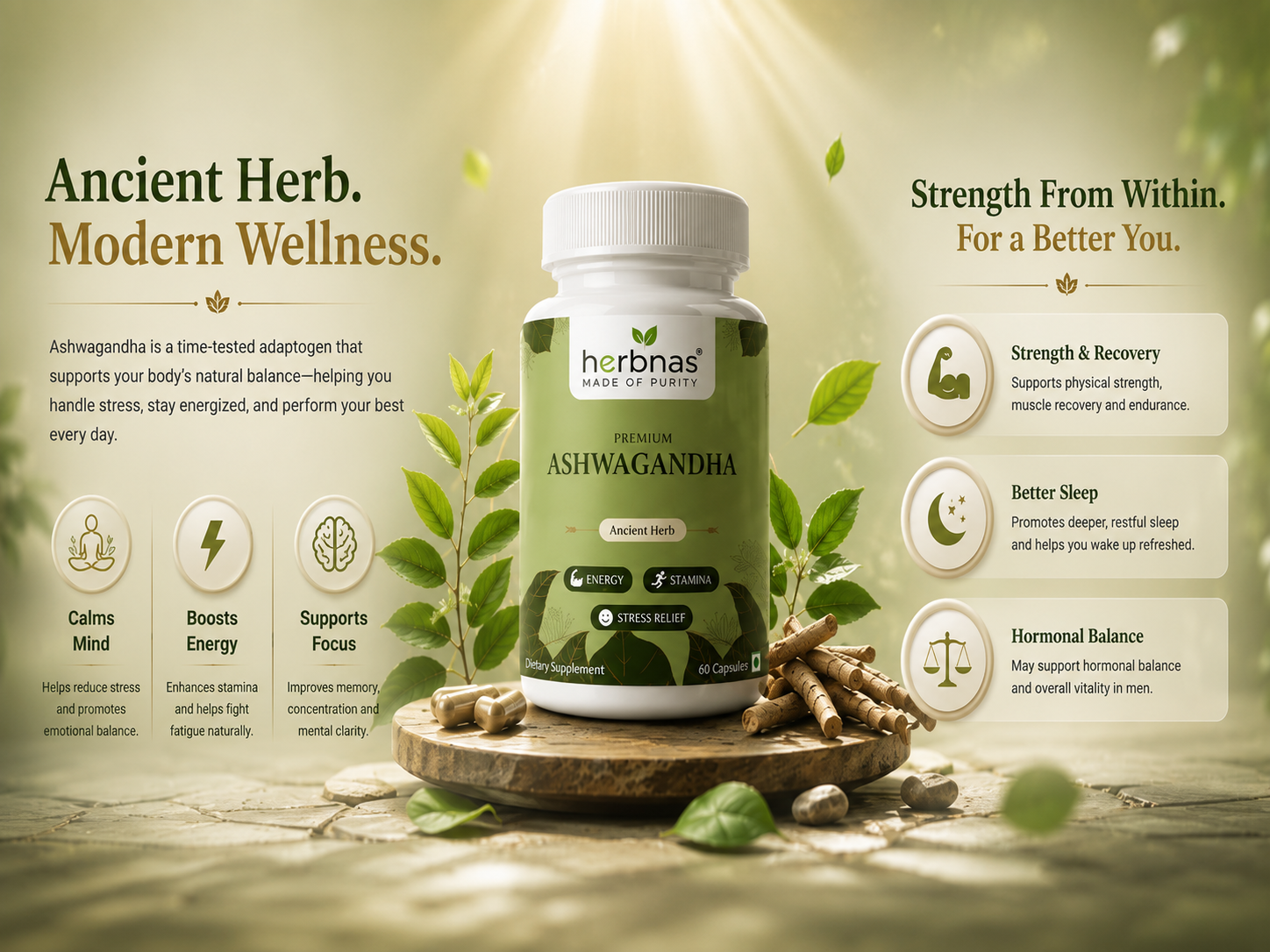 A bottle of Herbnas Ashwagandha supplements displayed on a wooden stand with fresh leaves and roots, set against a warm, sunlit background with marketing text on both sides.