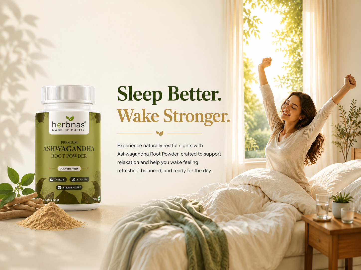 A bottle of Herbnas Ashwagandha Root Powder supplement is shown next to a woman waking up in bed with her arms raised, in a bright bedroom setting. The text reads 'Sleep Better.