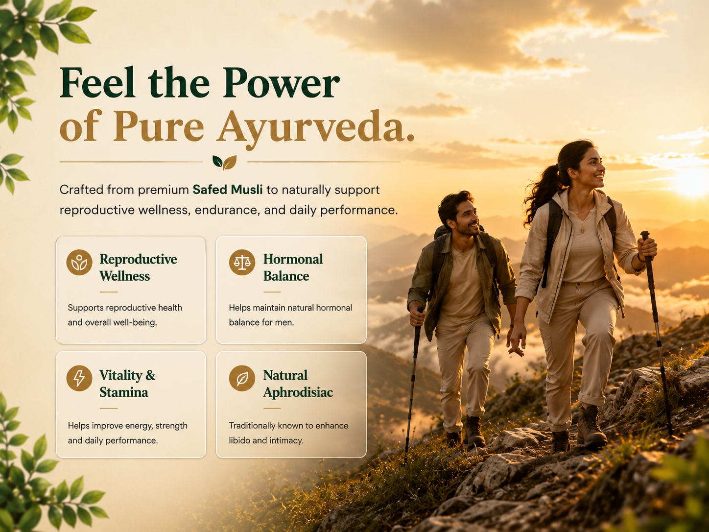 Promotional banner for Pure Ayurveda wellness products, featuring a couple hiking on a mountain during golden hour with text highlighting reproductive wellness, hormonal balance, vitality, and natural aphrodisiac benefits.