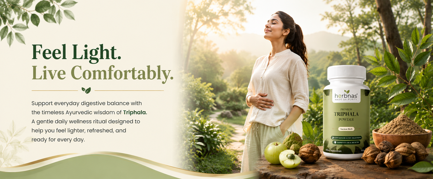 A lifestyle promotional banner for TurfTine Triple Amla & Triptolea wellness ritual. The left side features a woman in a serene outdoor garden setting with text reading 'Feel Light.