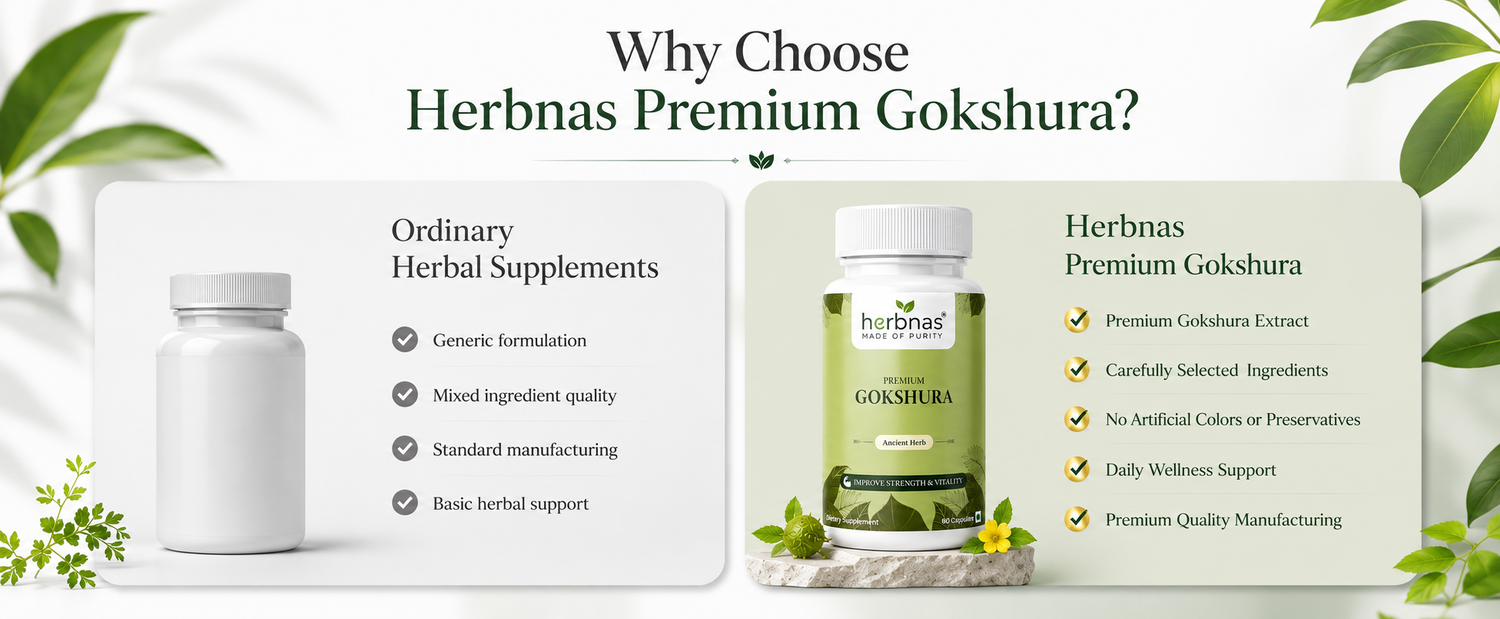 Promotional banner for Herbnas Premium Gokshura, comparing ordinary herbal supplements with the branded product bottle. The image features a white bottle on the left and the green-labeled bottle on the right, set against a light background with decorative green leaves.