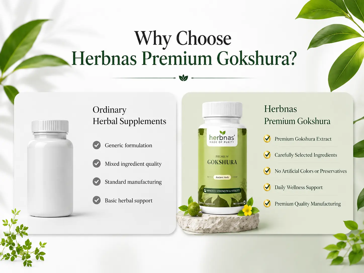 Promotional graphic for Herbnas Premium Gokshura, showing a white supplement bottle on the left and a branded green-tinted bottle on the right with text comparing ordinary herbal supplements to premium Gokshura benefits. Decorative green leaves frame the design on a white background.
