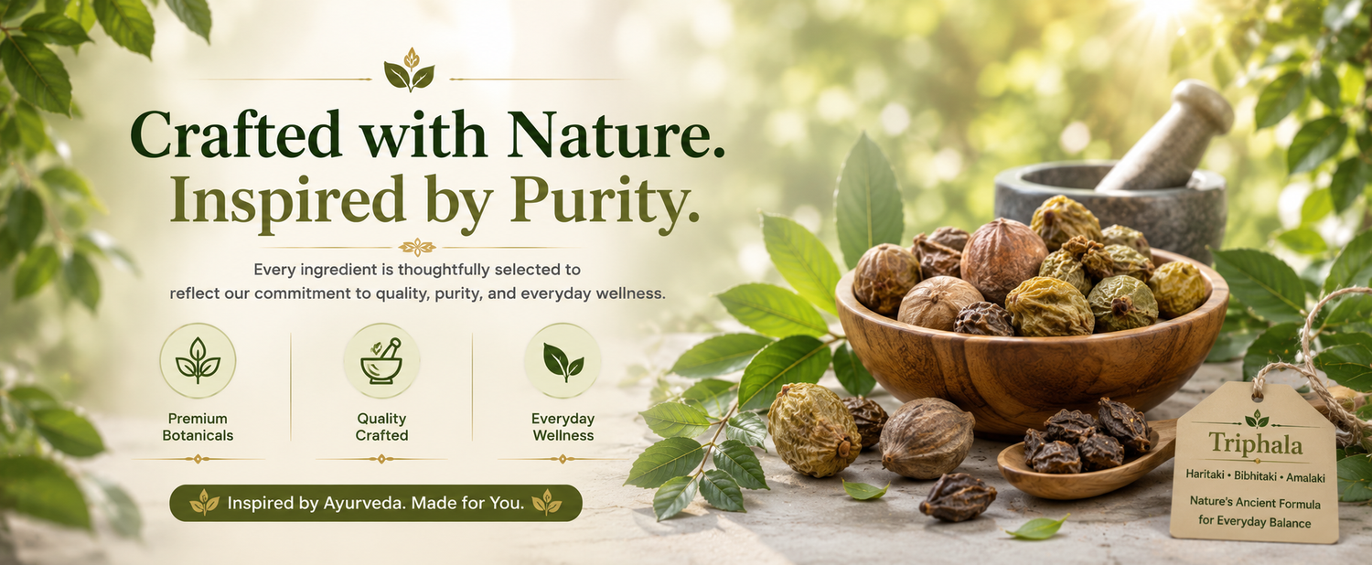 A wellness product banner featuring Triphala herbal capsules in wooden bowls, surrounded by green leaves and a mortar and pestle on a light stone surface. The left side contains marketing text reading 'Crafted with Nature.