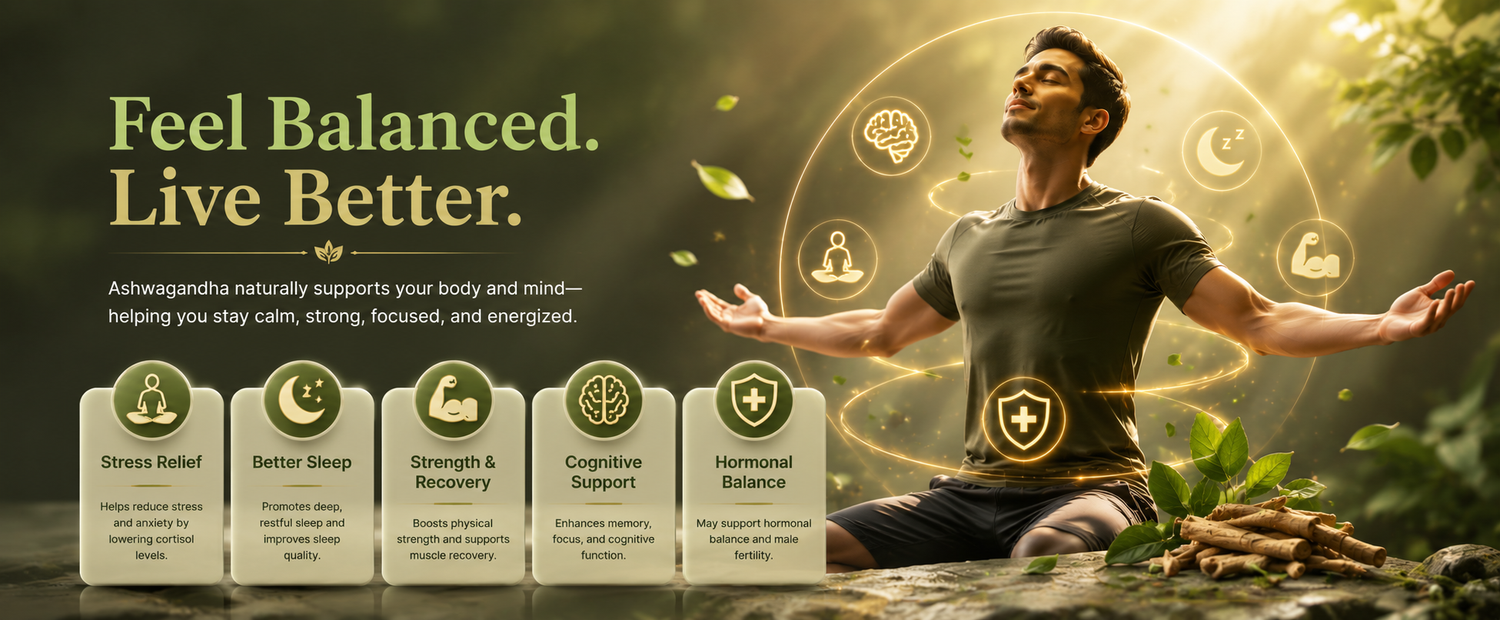 A promotional banner for Ashwagandha featuring a man meditating in a forest setting with glowing circular icons around him. The left side includes the text 'Feel Balanced.