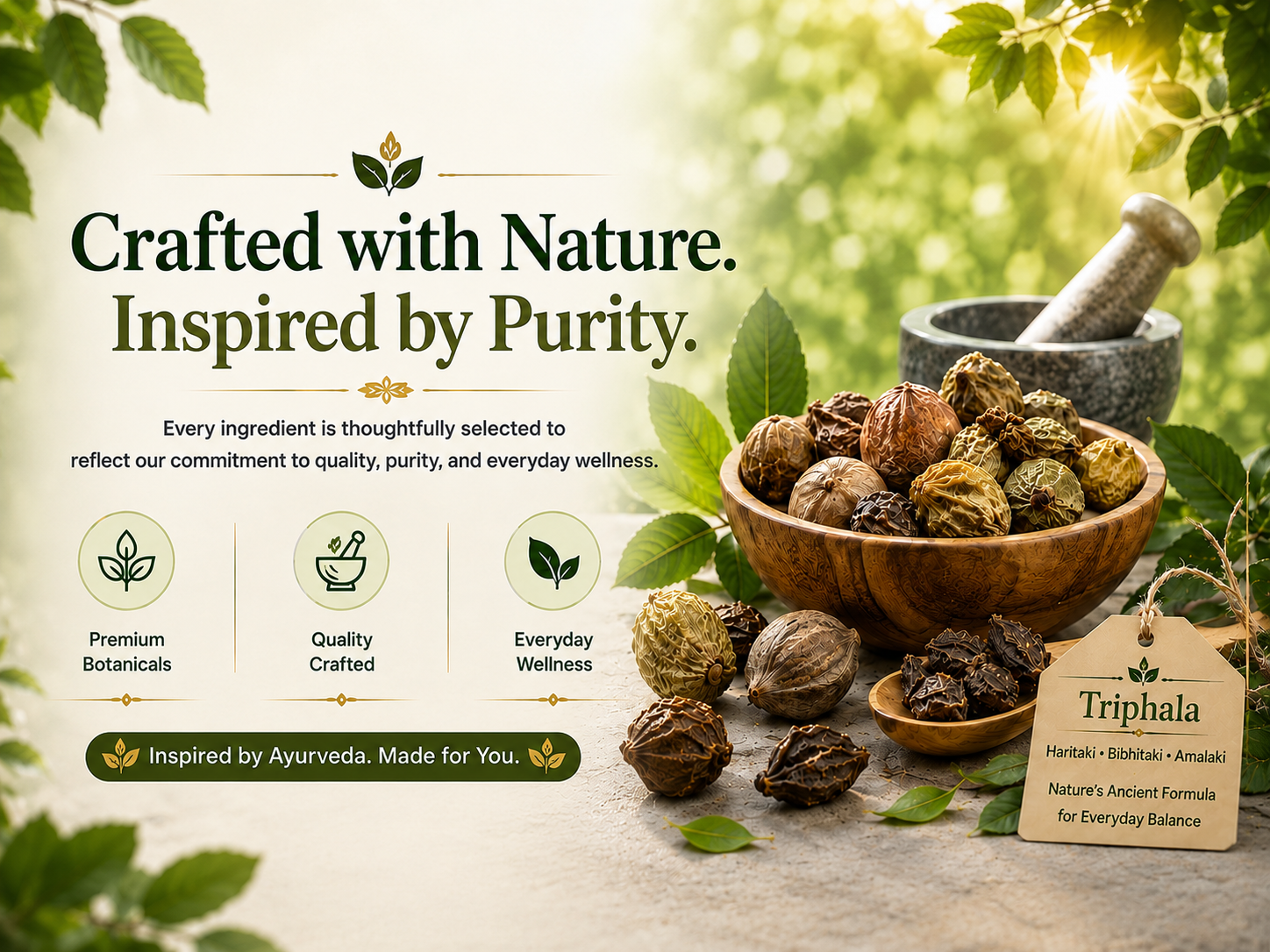 Triphala herbal supplement advertisement featuring a wooden bowl filled with triphala fruits, whole walnuts, and dried herbs on a stone surface, with a mortar and pestle in the background and text reading 'Crafted with Nature. Inspired by Purity.