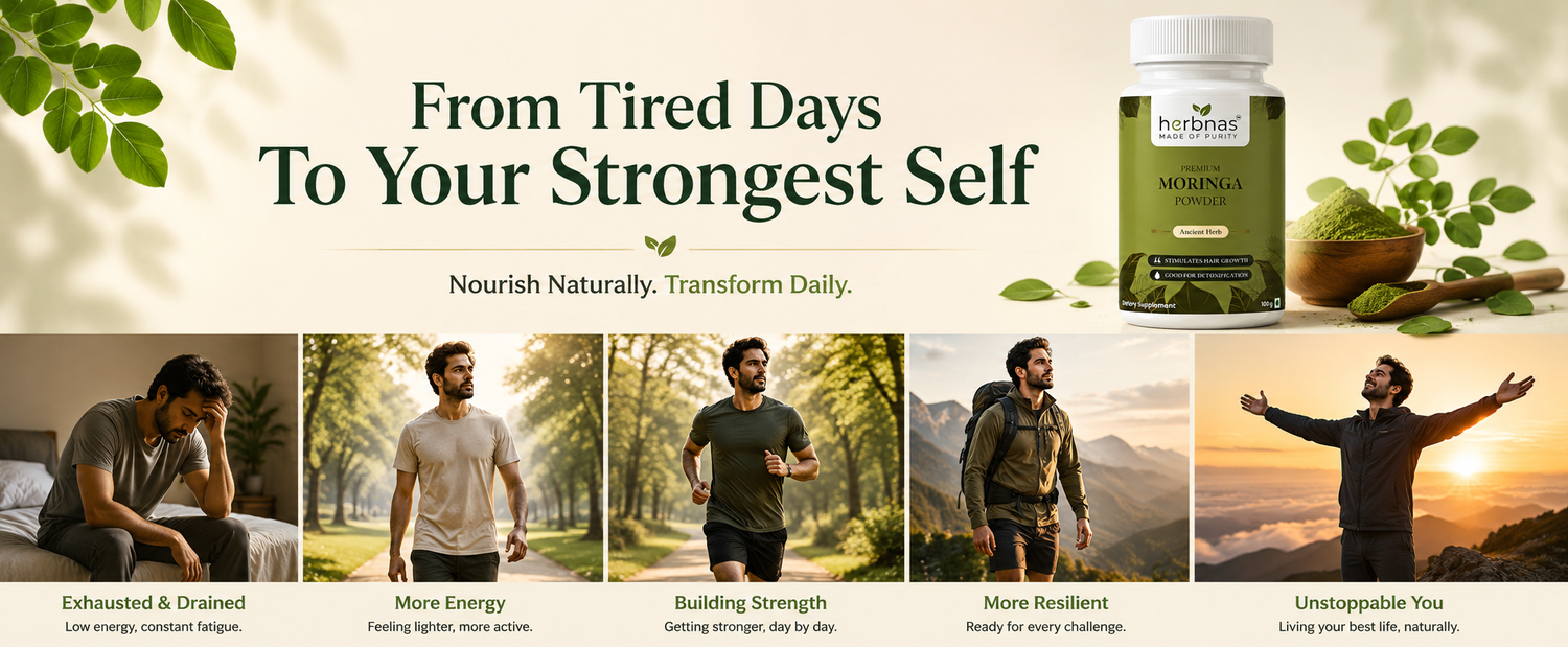 A promotional banner for a dietary supplement bottle labeled 'Nourish' and 'MitraNugget'. The top half features the text 'From Tired Days To Your Strongest Self' with green leaves, while the bottom half displays five men in various active and relaxed poses representing different states of wellness.