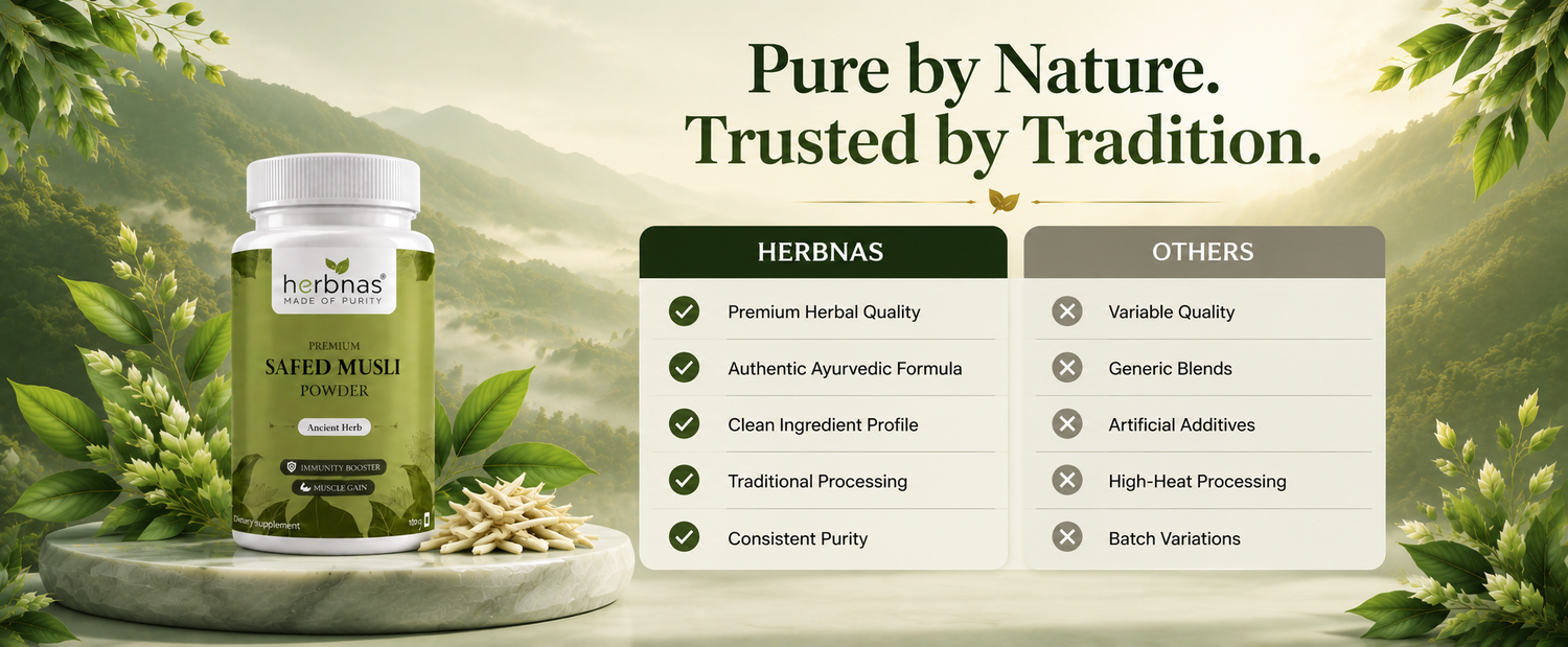 A supplement bottle labeled 'SADARMUSHI' by Herbnas is displayed on a stone pedestal with herbs, set against a scenic green mountain background. To the right is a comparison chart titled 'Pure by Nature.