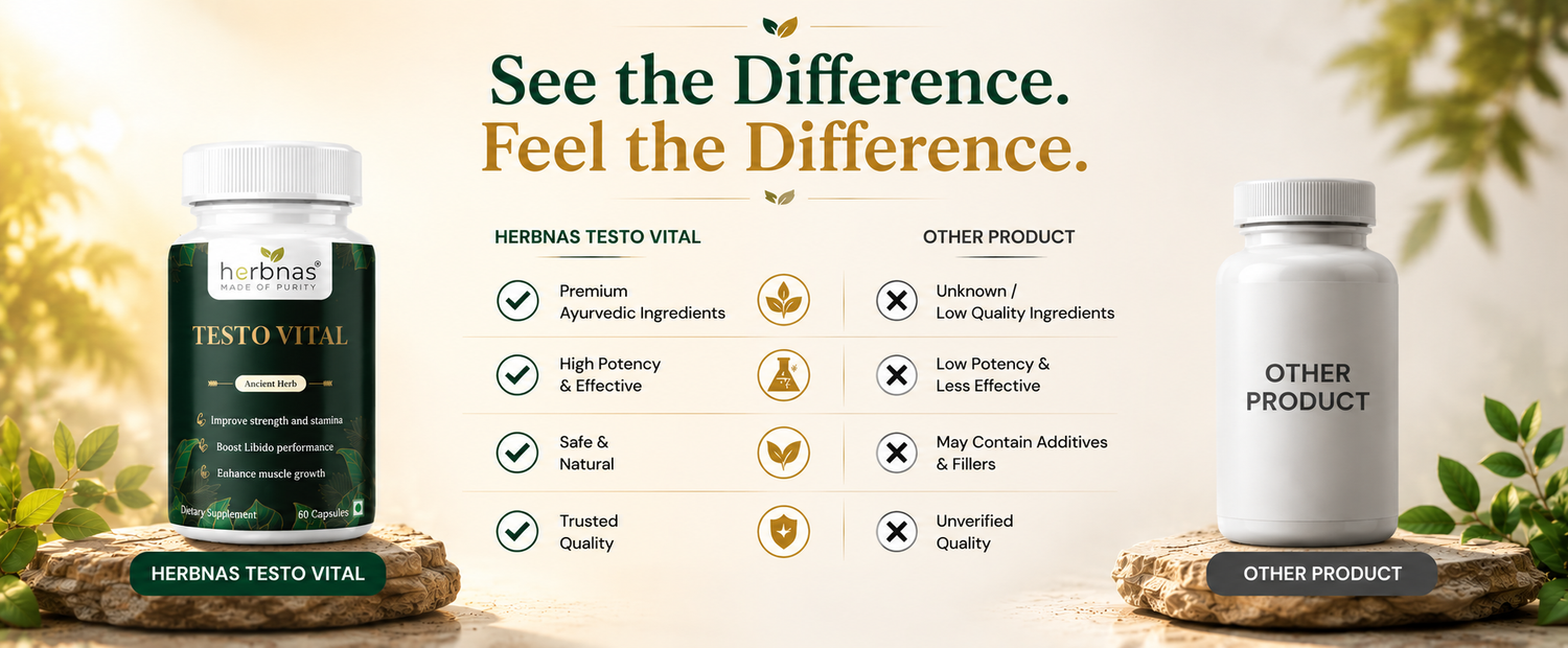 A promotional comparison graphic for a supplement product. On the left is a dark green bottle labeled 'hurnas TESTO VITAL' with a white cap, shown on a wooden base with the text 'HERBENAS TESTO VITAL' below.