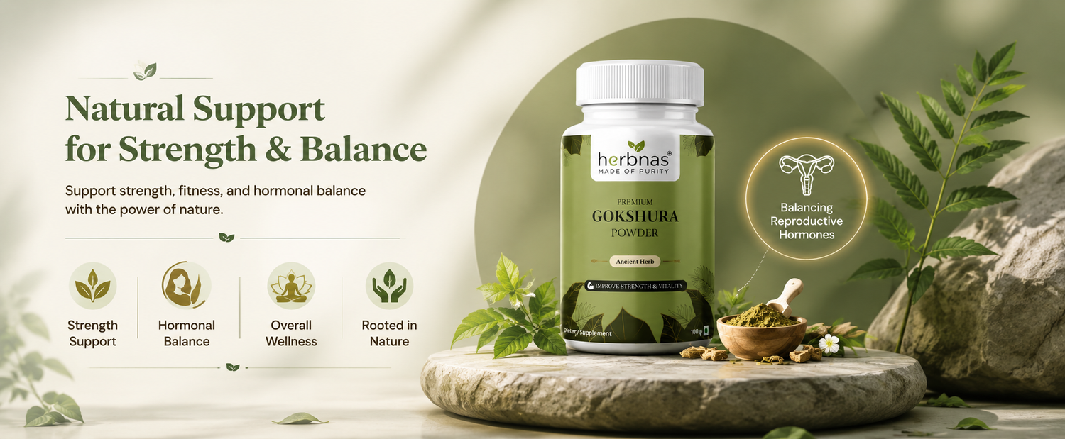 A bottle of Horbras Gokshura Powder supplement displayed on a stone slab with herbs and a green circular background, alongside marketing text and icons on the left.